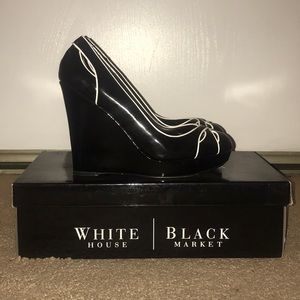 Black Patent Leather Wedges with White Piping